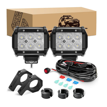 2 Pcs 4 Inch 18W Flood Led Pods Horizontal Bar Tube Clamp with 16 AWG Wiring Harness-2 Leads